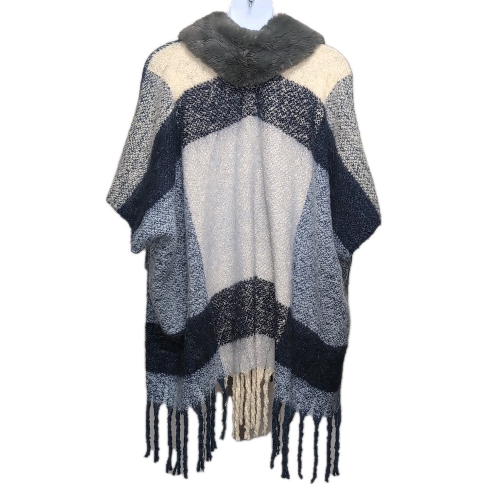 Adrienne Vittadini Faux Fur Collar Kimono Sweater Jacket Fringe Poncho One Size - Picture 2 of 6